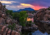 Zachód słońca, Skały, Drzewa, Jezioro, Watson Lake, Prescott, Arizona, Stany Zjednoczone