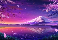 Grafika, Wiosna, Zachód słońca, Jezioro, Góra Fudżi, Japonia