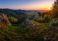 Słowacja, Góry, Zachód słońca, Skały, Drzewa