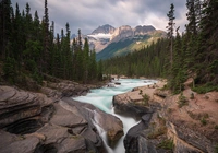 Rzeka, Mistaya River, Skały, Las, Drzewa, Góry, Canadian Rockies, Góra, Mount Sarbach, Park Narodowy Banff, Alberta, Kanada