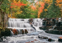 Wodospad, Quartzite Falls, Jesień, Drzewa, Rzeka, Slate River, Kamienie, Liście, Hrabstwo Baraga, Michigan, Stany Zjednoczone