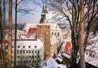 Zima, Miasto, Landsberg am Lech, Drzewa, Dachy, Domy, Kościół, Niemcy