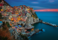 Wybrzeże, Cinque Terre, Morze Liguryjskie, Domy, Skały, Łódki, Manarola, Zachód słońca, Gmina Riomaggiore, Włochy