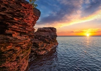 Stany Zjednoczone, Stan Michigan, Skały, Jezioro, Superior Lake, Zachód słońca, Chmury