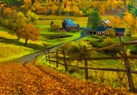 Jesień, Droga, Ogrodzenie, Staw, Domy, Drzewa, Opadłe, Liście, Pomfret, Nowa Anglia, Stan Vermont, Stany Zjednoczone