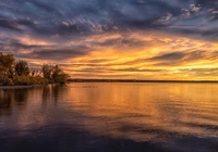 Stany Zjednoczone, Kolorado, Jezioro, Chatfield, Wysepka, Drzewa, Wschód słońca