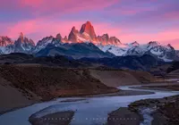 Argentyna, Patagonia, Góry, Andy, Szczyt, Fitz Roy, Wschód słońca, Rzeka, Park Narodowy Los Glaciares