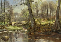 Reprodukcja obrazu, Peder Mork Monsted, Pejzaż, Rzeka, Drzewa, Roślinność