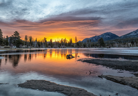 Jezioro, Sprague Lake, Góry, Wschód słońca, Park Narodowy Gór Skalistych, Kolorado, Stany Zjednoczone