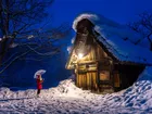 Zima, Kobieta, Wieczór, Drewniany, Dom, Oświetlenie, Drzewa, Śnieg, Wioska, Shirakawa, Japonia