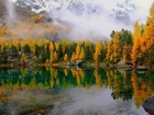 Góry, Jezioro, Drzewa, Jesień, Mgła, Odbicie