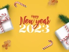 Nowy Rok, 2023, Prezenty, Lizaki, Gałązki, Życzenia, Happy New Year, Żółte, Tło 2D