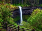 Wodospad, South Falls, Skały, Drzewa, Ogrodzenie, Park stanowy Silver Falls, Stan Oregon, Stany Zjednoczone