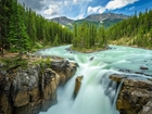 Drzewa, Skały, Wodospad, Sunwapta Falls, Rzeka, Sunwapta, Park Narodowy Jasper, Alberta, Kanada