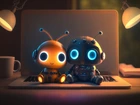 Dwa, Roboty, Biurko, Lampy, Laptop, Kubek, Książki, Grafika