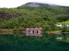 Fiord Aurlandsfjord, Norwegia, Góra, Las, Mgła, Domy