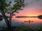 Rzeka, French River, Kajak, Drzewa, Wschód słońca, Ontario, Kanada
