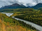 Góry, Chugach Mountains, Rzeka, Matanuska River, Drzewa, Chickaloon, Alaska, Stany Zjednoczone