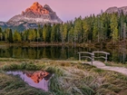 Jezioro, Antorno Lake, Mostek, Góry, Dolomity, Masyw, Tre Cime di Lavaredo, Drzewa, Trawa, Prowincja Belluno, Włochy