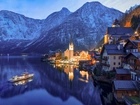 Austria, Hallstatt, Góry, Jezioro, Hallstattersee, Domy, Kościół