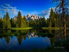 Stany Zjednoczone, Wyoming, Park Narodowy Grand Teton, Góry, Grand Teton, Rzeka, Snake River, Drzewa, Wschód słońca