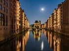 Niemcy, Hamburg, Speicherstadt, Mosty, Kanał, Restauracja Wasserschloss, Domy