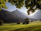 Austria, Styria, Góry, Hochschwabgruppe, Alpy wapienne, Polana, Drzewa, Promienie słońca