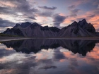 Poranek, Góry, Vestrahorn, Morze, Odbicie, Plaża Stokksnes, Islandia