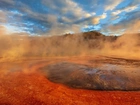 Gejzer, Źródło termalne, Grand Prismatic Spring, Para, Drzewa, Midway Geyser Basin, Park Narodowy Yellowstone, Wyoming, Stany Zjednoczone Gejzer