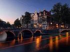 Most, Kanał Leidsegracht, Domy, Światła, Miasto, Amsterdam, Holandia