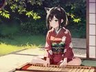 Dziewczyna, Uszy, Kimono, Instrument, Drzewa, Trawa, Dom, Manga Anime