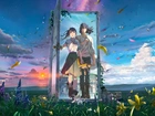 Film animowany, Anime, Suzume, Postacie, Dziewczyna, Suzume Iwato, Chłopak, Souta Munakata, Kot, Daijin, Łąka, Drzwi, Niebo, Krzesełko, Kwiaty, Lilie, Łubin