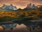 Chile, Patagonia, Góry, Torres del Paine, Rzeka, Jesień, Roślinność