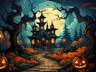 Grafika, Halloween, Noc, Księżyc, Drzewa, Droga, Dynie, Zamek