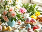 Wielkanoc, Stół, Dekoracje, Kwiaty, Róże, Kolorowe, Pisanki, Pieczywo, Grafika
