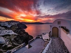 Zachód słońca, Morze, Domy, Santorini, Grecja