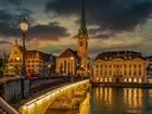 Szwajcaria, Zurych, Rzeka Limmat, Podświetlony, Most, Domy, Latarnia