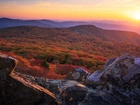 Stany Zjednoczone, Wirginia, Góry, Stony Man Mountain, Park Narodowy Shenandoah, Zachód słońca, Skały, Jesień