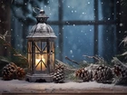 Zima, Lampion, Świeca, Śnieg, Szyszki, Gałęzie