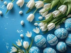 Wielkanoc, Białe, Tulipany, Pisanki, Niebieskie, Tło