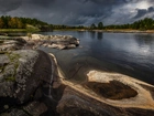 Rosja, Karelia, Jezioro, Ładoga, Skały, Chmury, Drzewa