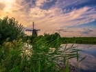 Wiatrak, Rzeka, Wieś Kinderdijk, Drzewa, Roślinność, Zachód słońca, Chmury, Holandia