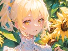 Dziewczyna, Uśmiech, Słoneczniki, Lato, Światło, Anime