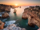Wybrzeże, Skały, WSchód słońca, Morze, Region Algarve, Portugalia