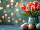 Tulipany, Niebieski, Wazon, Kolorowe, Pisanki