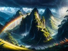 Grafika, Góry, Przebijające światło, Tęcza, Skały, Paprocie, Chmury, Deszcz Fantasy