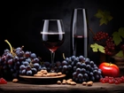 Grafika, Wino, Kieliszek, Winogrona, Jabłka, Migdały