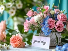 Kwiaty, Bukiet, Wazon, Napis, Good day