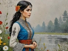 Kobieta, Brunetka, Rzeka, Kwiaty, Drzewa, Deszcz, Grafika