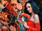 Dziewczyna, Czerwona, Sukienka, Jesień, Liście, Bukiet, Goździki